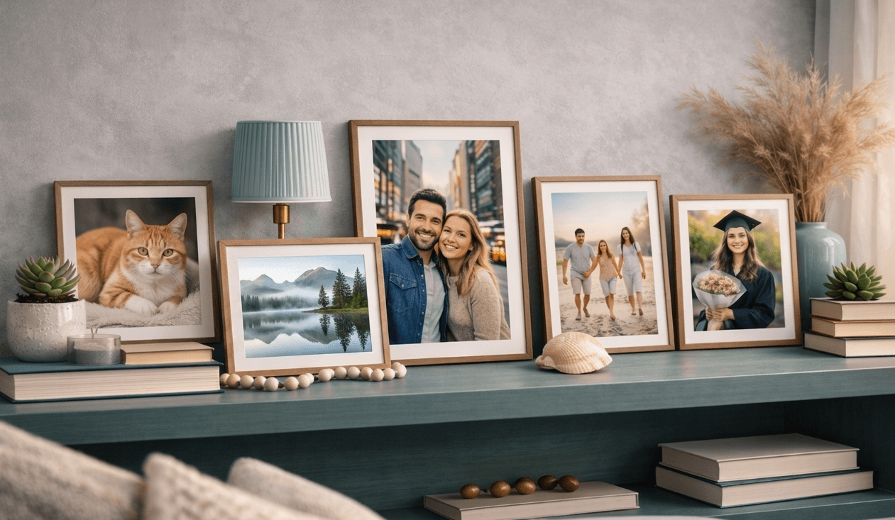 Framed prints displayed on a shelf in a warm home
